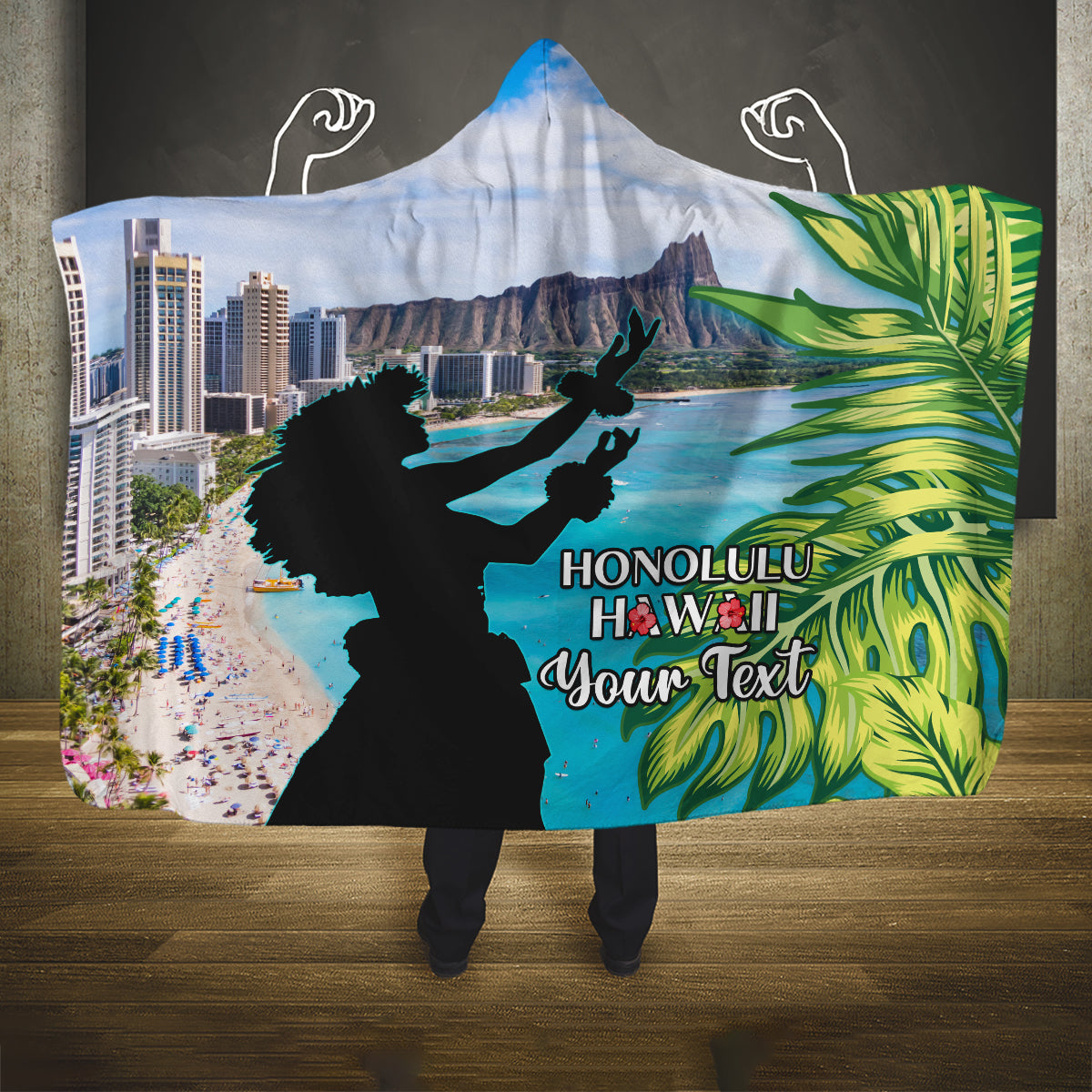 Personalised Honolulu Aloha Hawaii Hooded Blanket Tropical Leaves With Hula Girl LT14 One Size Blue - Polynesian Pride