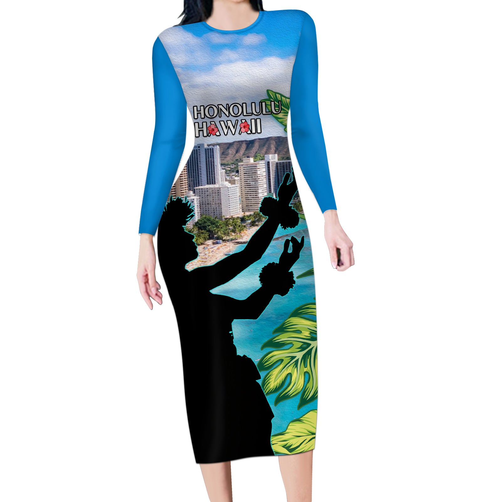 Personalised Honolulu Aloha Hawaii Long Sleeve Bodycon Dress Tropical Leaves With Hula Girl LT14 Long Dress Blue - Polynesian Pride