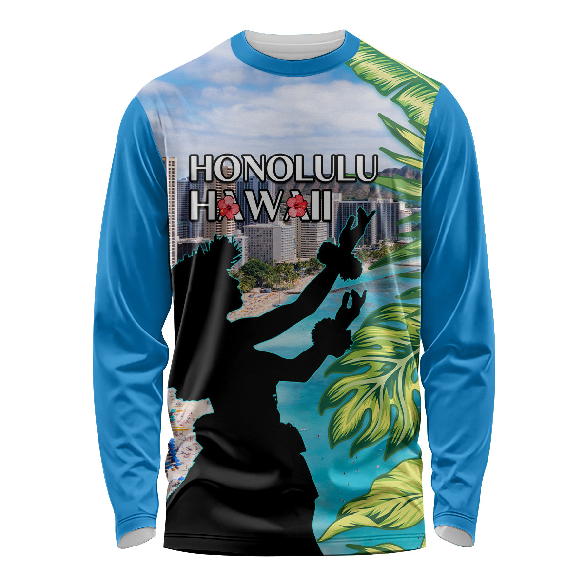 Personalised Honolulu Aloha Hawaii Long Sleeve Shirt Tropical Leaves With Hula Girl LT14 Unisex Blue - Polynesian Pride