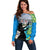 Personalised Honolulu Aloha Hawaii Off Shoulder Sweater Tropical Leaves With Hula Girl LT14 Women Blue - Polynesian Pride