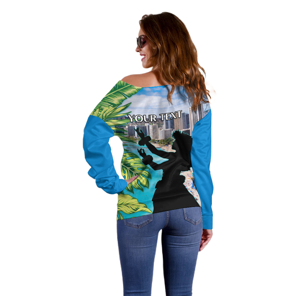 Personalised Honolulu Aloha Hawaii Off Shoulder Sweater Tropical Leaves With Hula Girl LT14 - Polynesian Pride