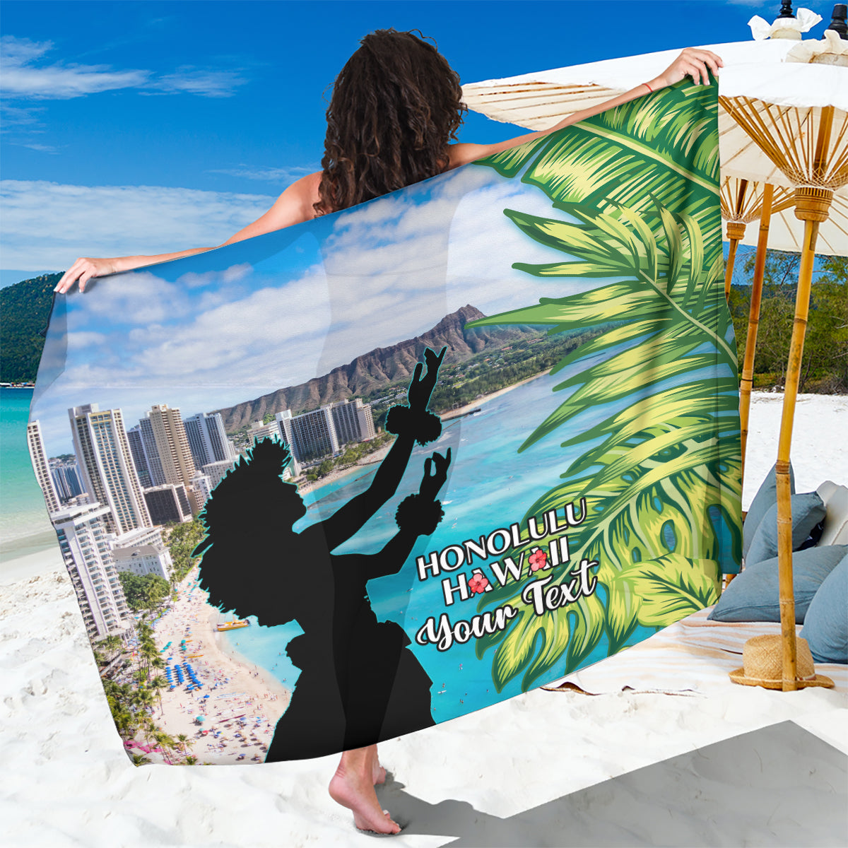 Personalised Honolulu Aloha Hawaii Sarong Tropical Leaves With Hula Girl LT14 One Size 44 x 66 inches Blue - Polynesian Pride