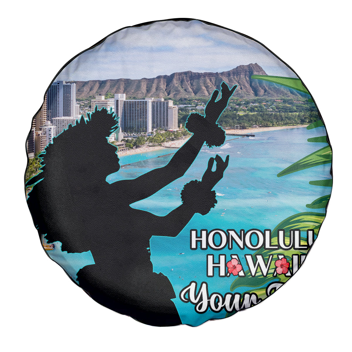 Personalised Honolulu Aloha Hawaii Spare Tire Cover Tropical Leaves With Hula Girl LT14 - Polynesian Pride