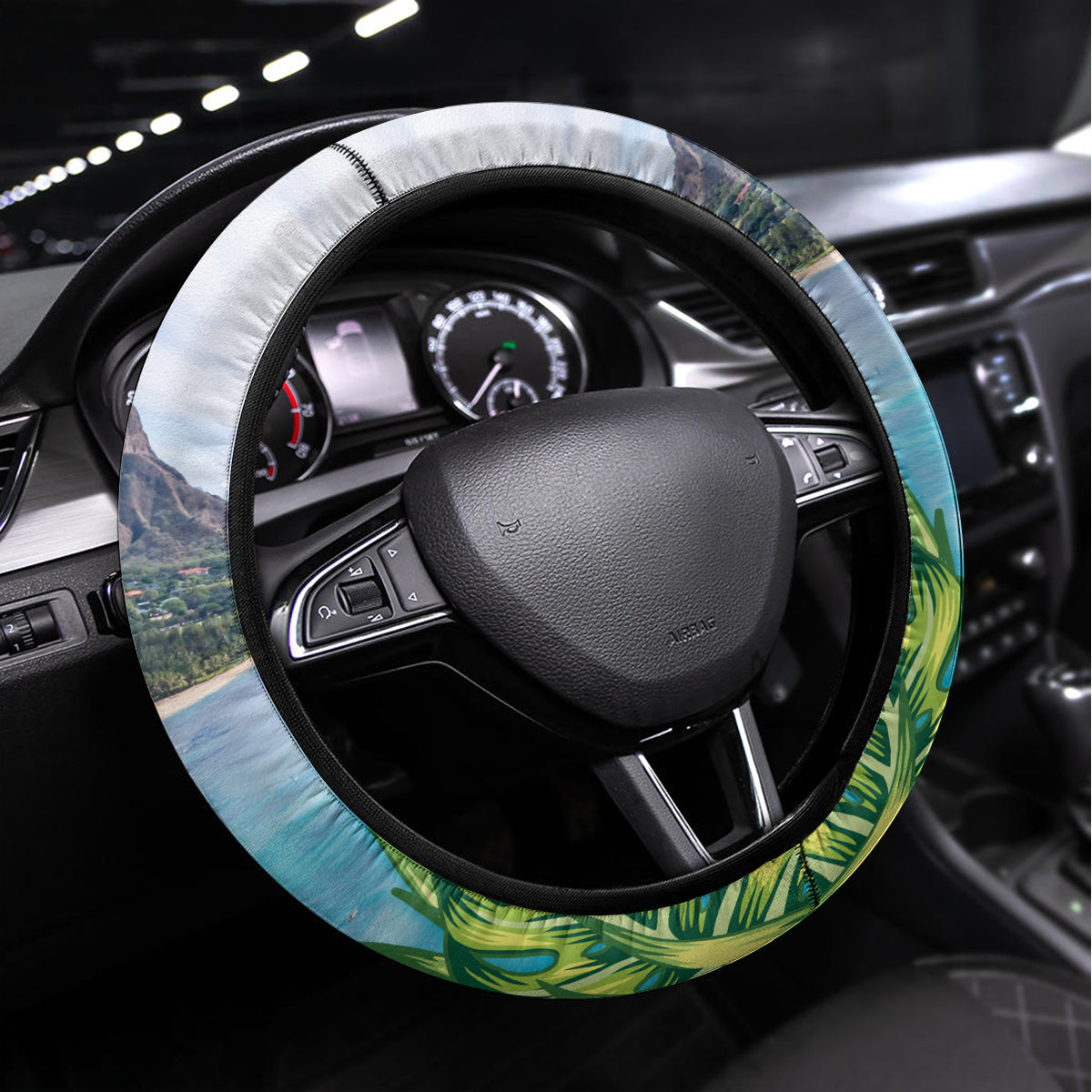 Honolulu Aloha Hawaii Steering Wheel Cover Tropical Leaves With Hula Girl LT14 Universal Fit Blue - Polynesian Pride