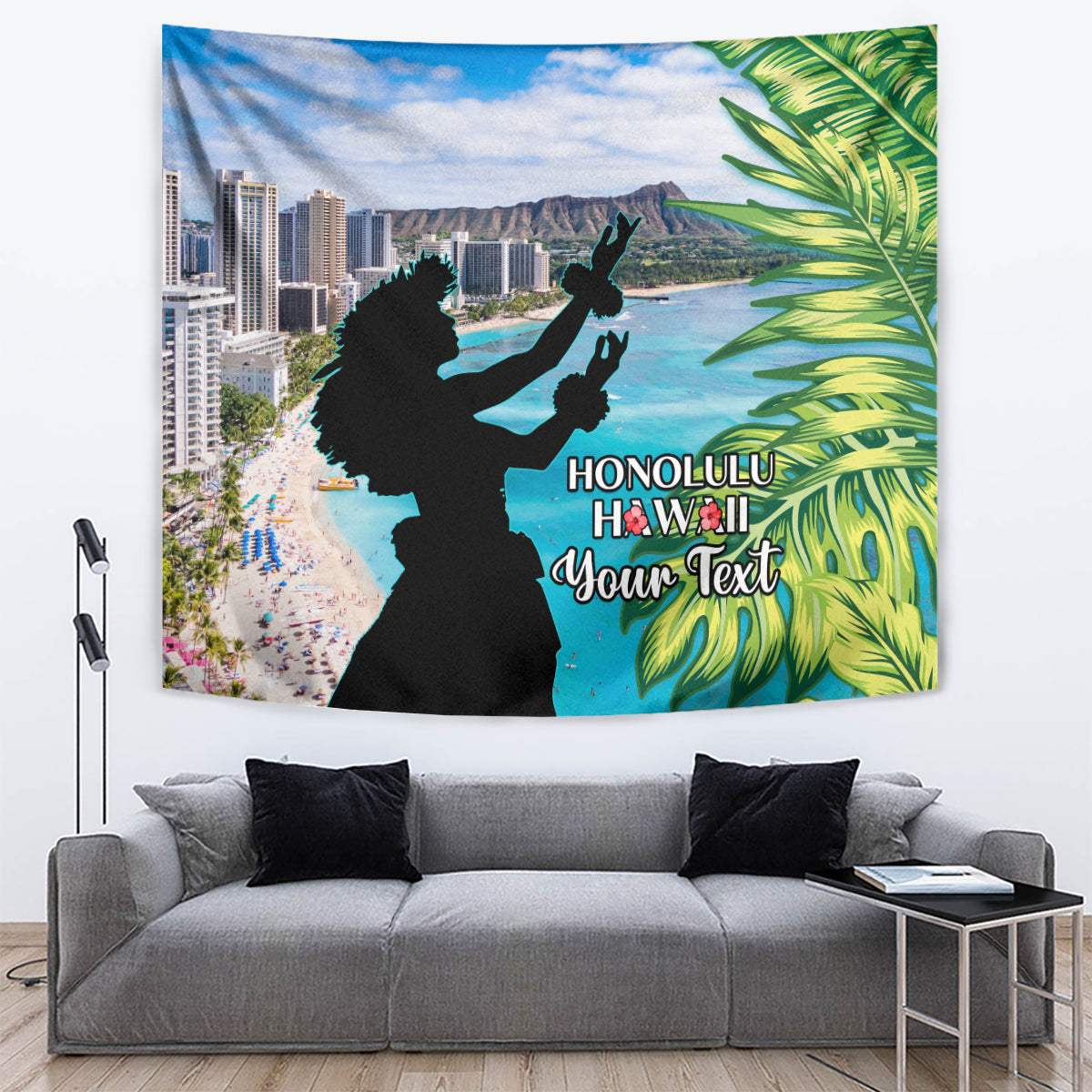 Personalised Honolulu Aloha Hawaii Tapestry Tropical Leaves With Hula Girl LT14 - Polynesian Pride