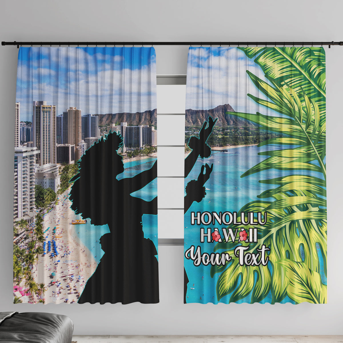 Personalised Honolulu Aloha Hawaii Window Curtain Tropical Leaves With Hula Girl LT14 With Hooks Blue - Polynesian Pride