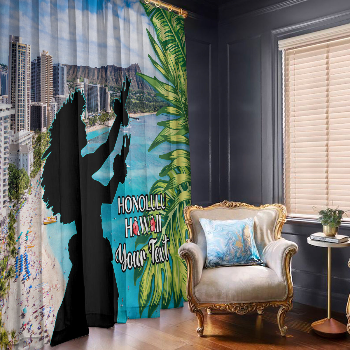Personalised Honolulu Aloha Hawaii Window Curtain Tropical Leaves With Hula Girl LT14 - Polynesian Pride