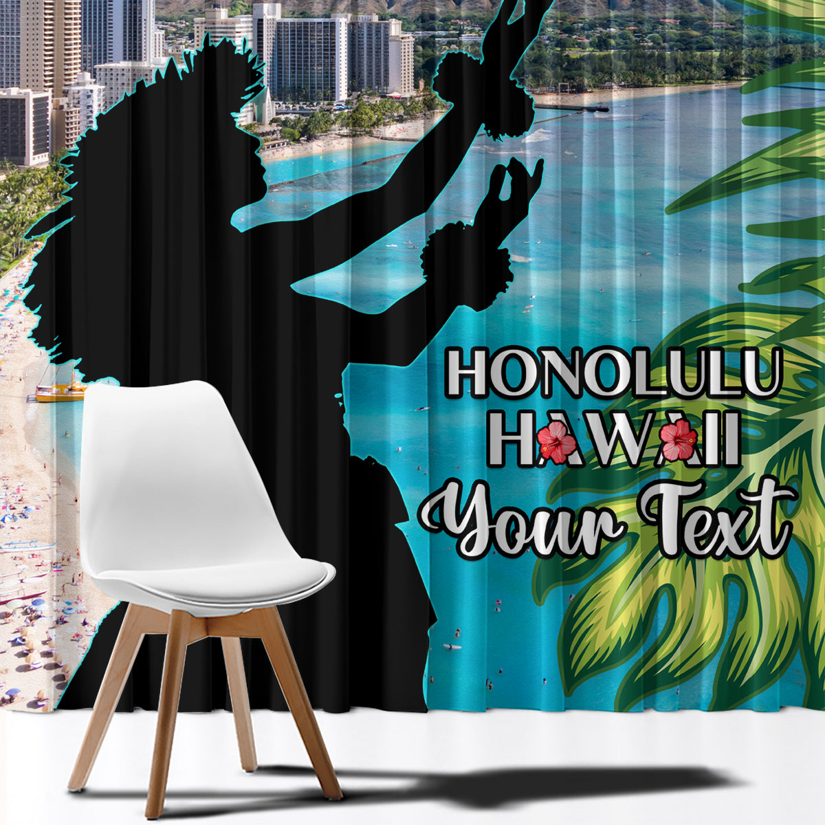 Personalised Honolulu Aloha Hawaii Window Curtain Tropical Leaves With Hula Girl LT14 - Polynesian Pride