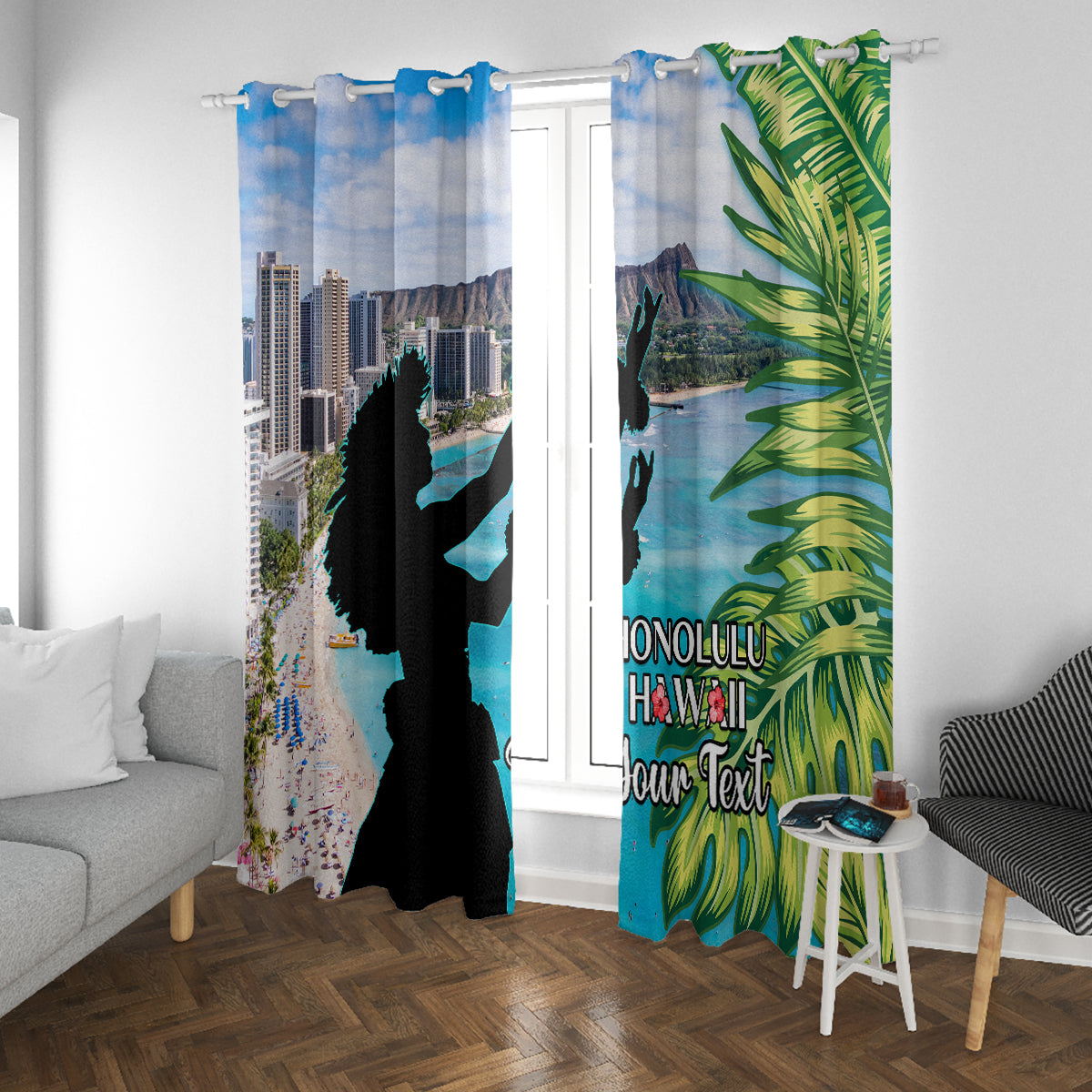 Personalised Honolulu Aloha Hawaii Window Curtain Tropical Leaves With Hula Girl LT14 With Grommets Blue - Polynesian Pride