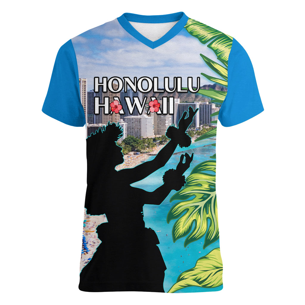 Personalised Honolulu Aloha Hawaii Women V Neck T Shirt Tropical Leaves With Hula Girl LT14 Female Blue - Polynesian Pride