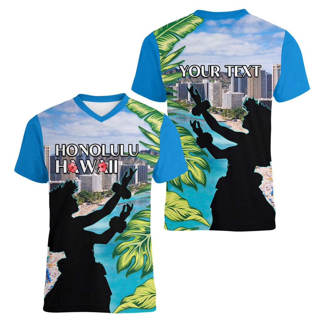 Personalised Honolulu Aloha Hawaii Women V Neck T Shirt Tropical Leaves With Hula Girl LT14 - Polynesian Pride