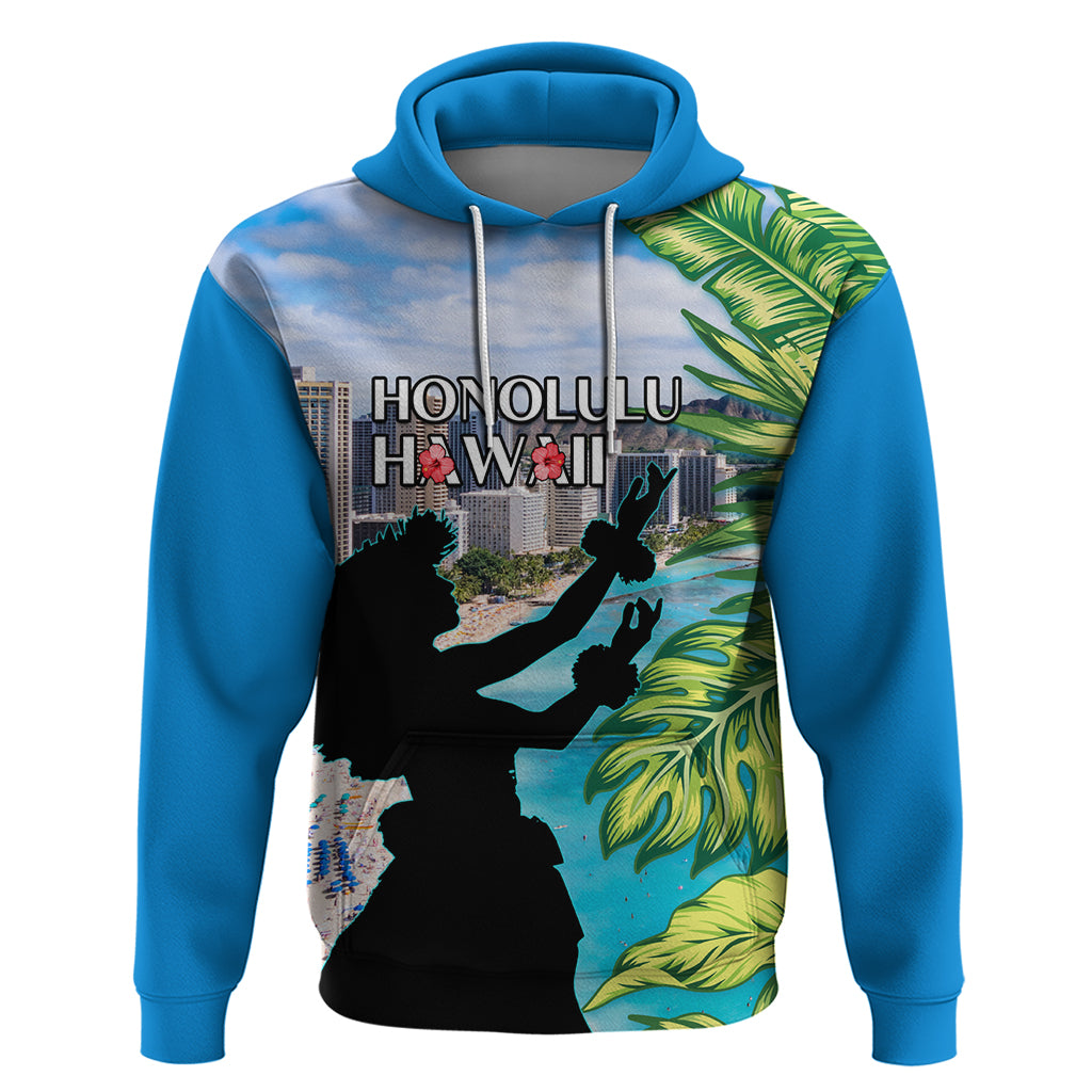 Personalised Honolulu Aloha Hawaii Zip Hoodie Tropical Leaves With Hula Girl LT14 Pullover Hoodie Blue - Polynesian Pride