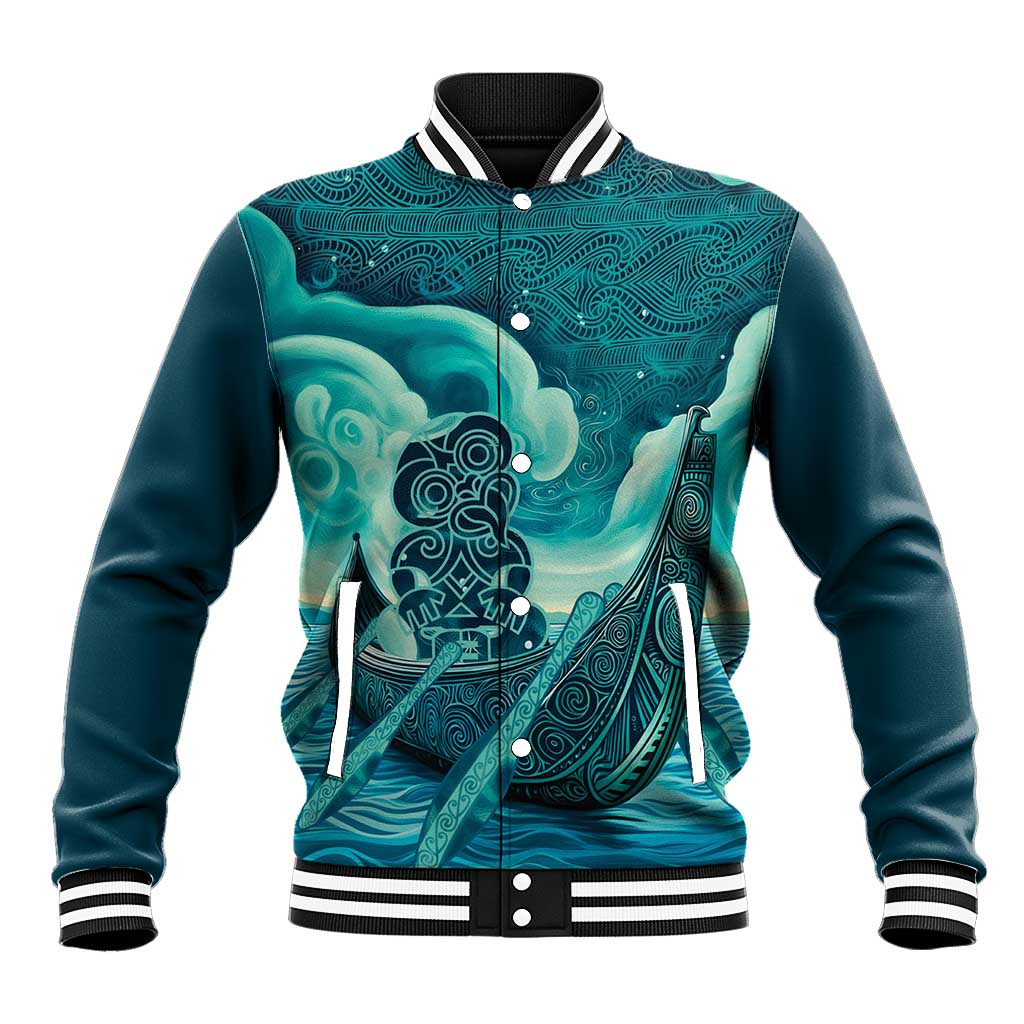 Personalised New Zealand Waitangi Day Baseball Jacket Hei Tiki With Maori Waka - Whakarare Pattern LT14 Unisex Dark Cyan - Polynesian Pride