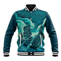 Personalised New Zealand Waitangi Day Baseball Jacket Hei Tiki With Maori Waka - Whakarare Pattern LT14 Unisex Dark Cyan - Polynesian Pride