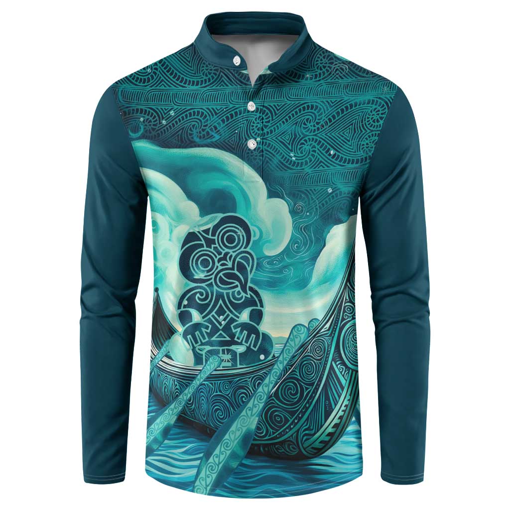 Personalised New Zealand Waitangi Day Button Sweatshirt Hei Tiki With Maori Waka - Whakarare Pattern LT14 Dark Cyan - Polynesian Pride