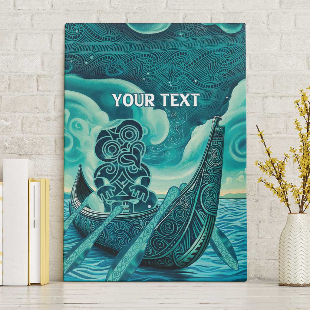 Personalised New Zealand Waitangi Day Canvas Wall Art Hei Tiki With Maori Waka - Whakarare Pattern LT14 Without Frame Dark Cyan - Polynesian Pride