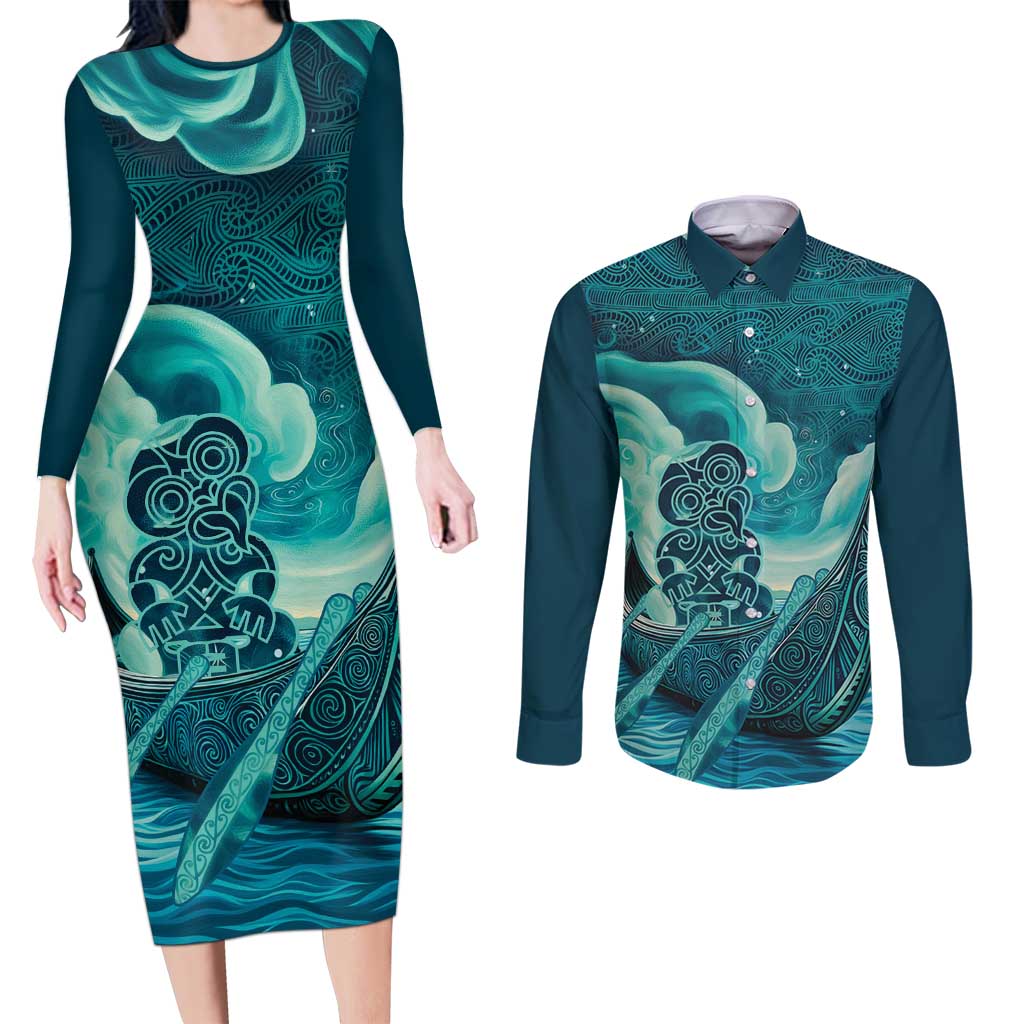 Personalised New Zealand Waitangi Day Couples Matching Long Sleeve Bodycon Dress and Long Sleeve Button Shirt Hei Tiki With Maori Waka - Whakarare Pattern LT14 Dark Cyan - Polynesian Pride