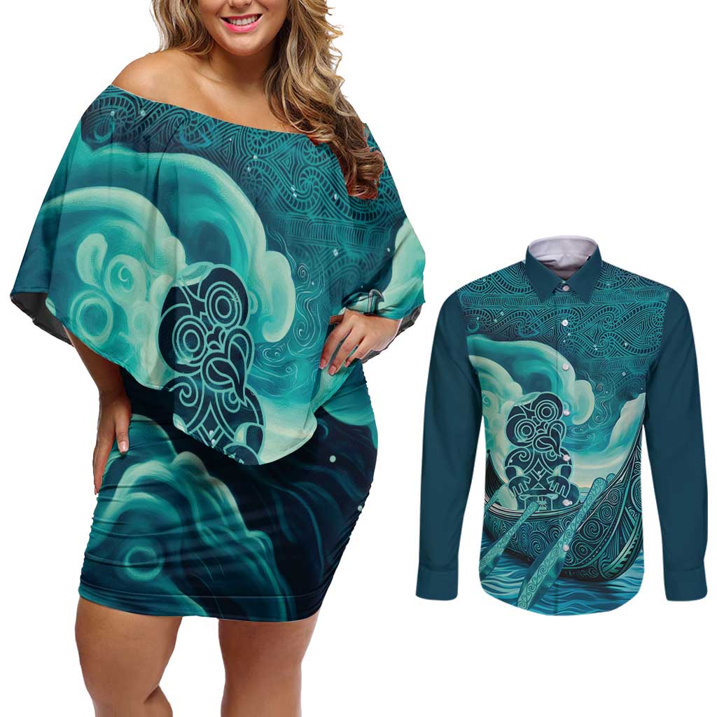 Personalised New Zealand Waitangi Day Couples Matching Off Shoulder Short Dress and Long Sleeve Button Shirt Hei Tiki With Maori Waka - Whakarare Pattern LT14 Dark Cyan - Polynesian Pride