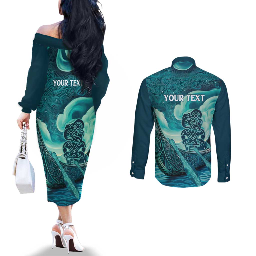 Personalised New Zealand Waitangi Day Couples Matching Off The Shoulder Long Sleeve Dress and Long Sleeve Button Shirt Hei Tiki With Maori Waka - Whakarare Pattern LT14 - Polynesian Pride