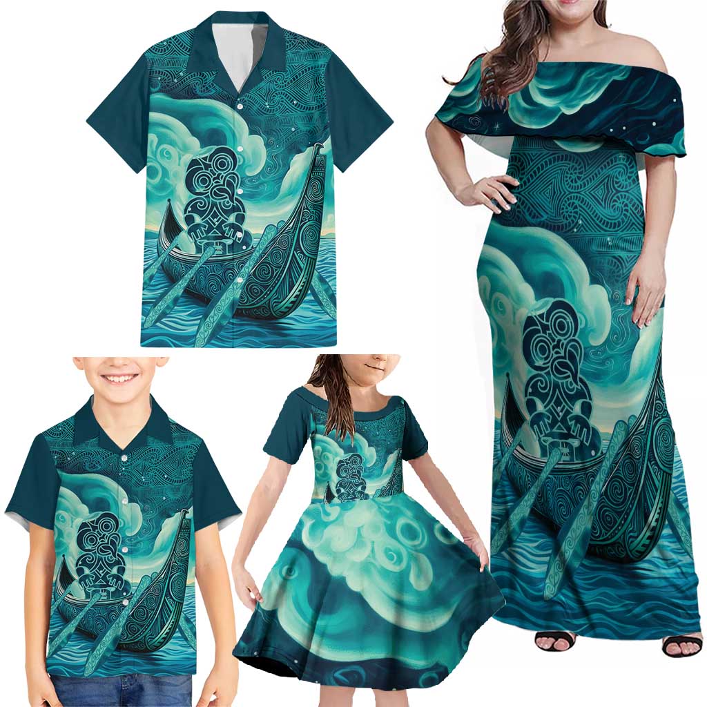 Personalised New Zealand Waitangi Day Family Matching Off Shoulder Maxi Dress and Hawaiian Shirt Hei Tiki With Maori Waka - Whakarare Pattern