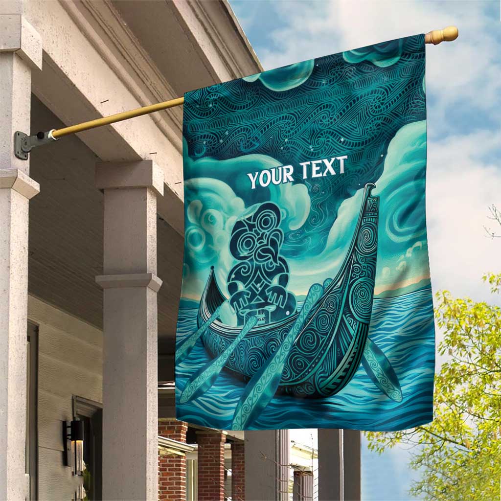 Personalised New Zealand Waitangi Day Garden Flag Hei Tiki With Maori Waka - Whakarare Pattern LT14 House Flag Dark Cyan - Polynesian Pride