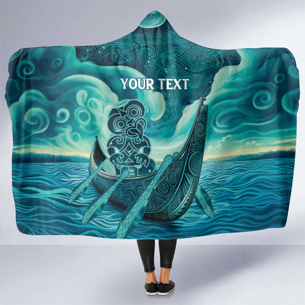 Personalised New Zealand Waitangi Day Hooded Blanket Hei Tiki With Maori Waka - Whakarare Pattern LT14 One Size Dark Cyan - Polynesian Pride