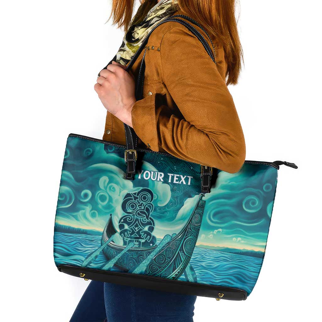 Personalised New Zealand Waitangi Day Leather Tote Bag Hei Tiki With Maori Waka - Whakarare Pattern LT14 Dark Cyan - Polynesian Pride