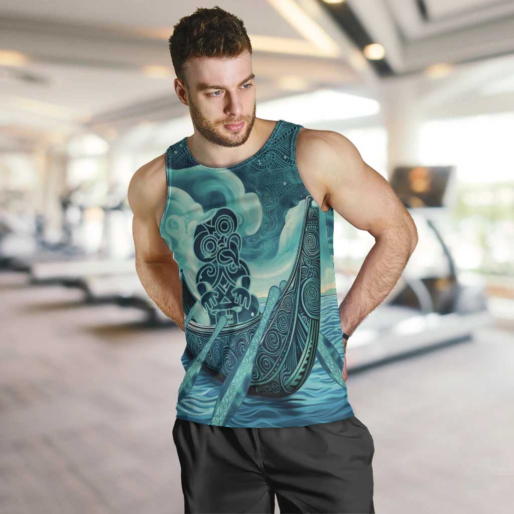 Personalised New Zealand Waitangi Day Men Tank Top Hei Tiki With Maori Waka - Whakarare Pattern LT14 Dark Cyan - Polynesian Pride