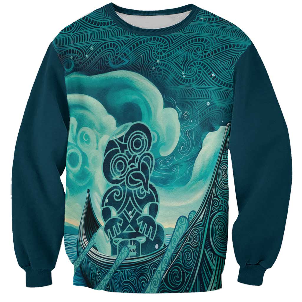 Personalised New Zealand Waitangi Day Sweatshirt Hei Tiki With Maori Waka - Whakarare Pattern LT14 Unisex Dark Cyan - Polynesian Pride