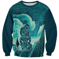 Personalised New Zealand Waitangi Day Sweatshirt Hei Tiki With Maori Waka - Whakarare Pattern LT14 Unisex Dark Cyan - Polynesian Pride