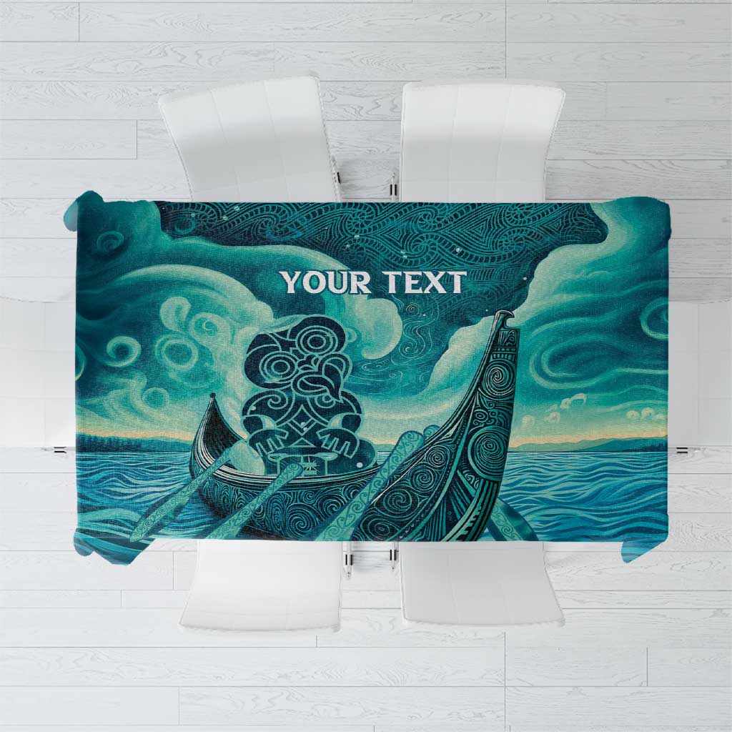 Personalised New Zealand Waitangi Day Tablecloth Hei Tiki With Maori Waka - Whakarare Pattern LT14 Dark Cyan - Polynesian Pride