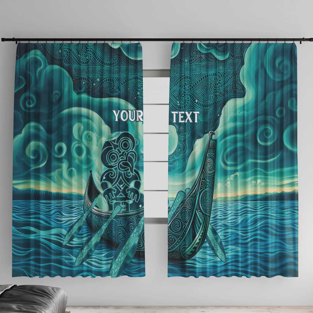 Personalised New Zealand Waitangi Day Window Curtain Hei Tiki With Maori Waka - Whakarare Pattern LT14 With Hooks Dark Cyan - Polynesian Pride