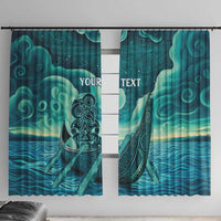 Personalised New Zealand Waitangi Day Window Curtain Hei Tiki With Maori Waka - Whakarare Pattern LT14 With Hooks Dark Cyan - Polynesian Pride