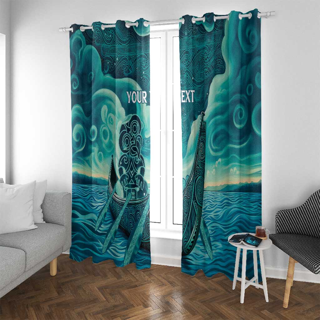 Personalised New Zealand Waitangi Day Window Curtain Hei Tiki With Maori Waka - Whakarare Pattern LT14 With Grommets Dark Cyan - Polynesian Pride