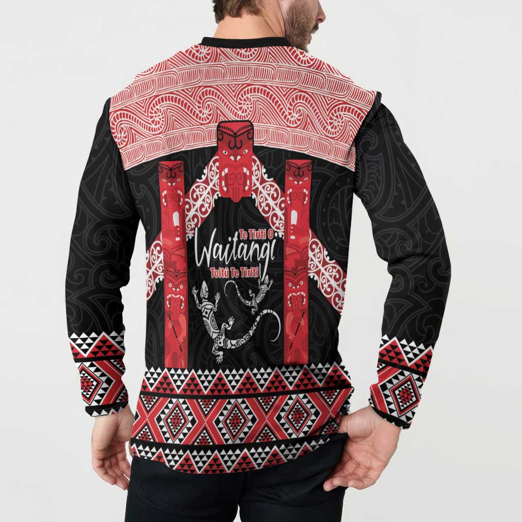 Toitu Te Tiriti O Waitangi Button Sweatshirt Maori Wharenui With Taniko Motifs LT14 - Polynesian Pride