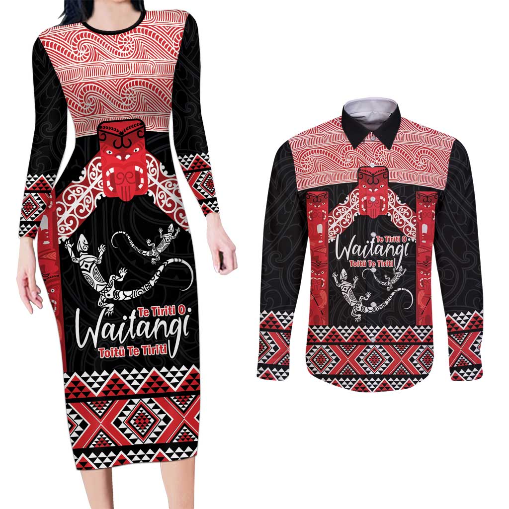 Toitu Te Tiriti O Waitangi Couples Matching Long Sleeve Bodycon Dress and Long Sleeve Button Shirt Maori Wharenui With Taniko Motifs LT14 Red - Polynesian Pride
