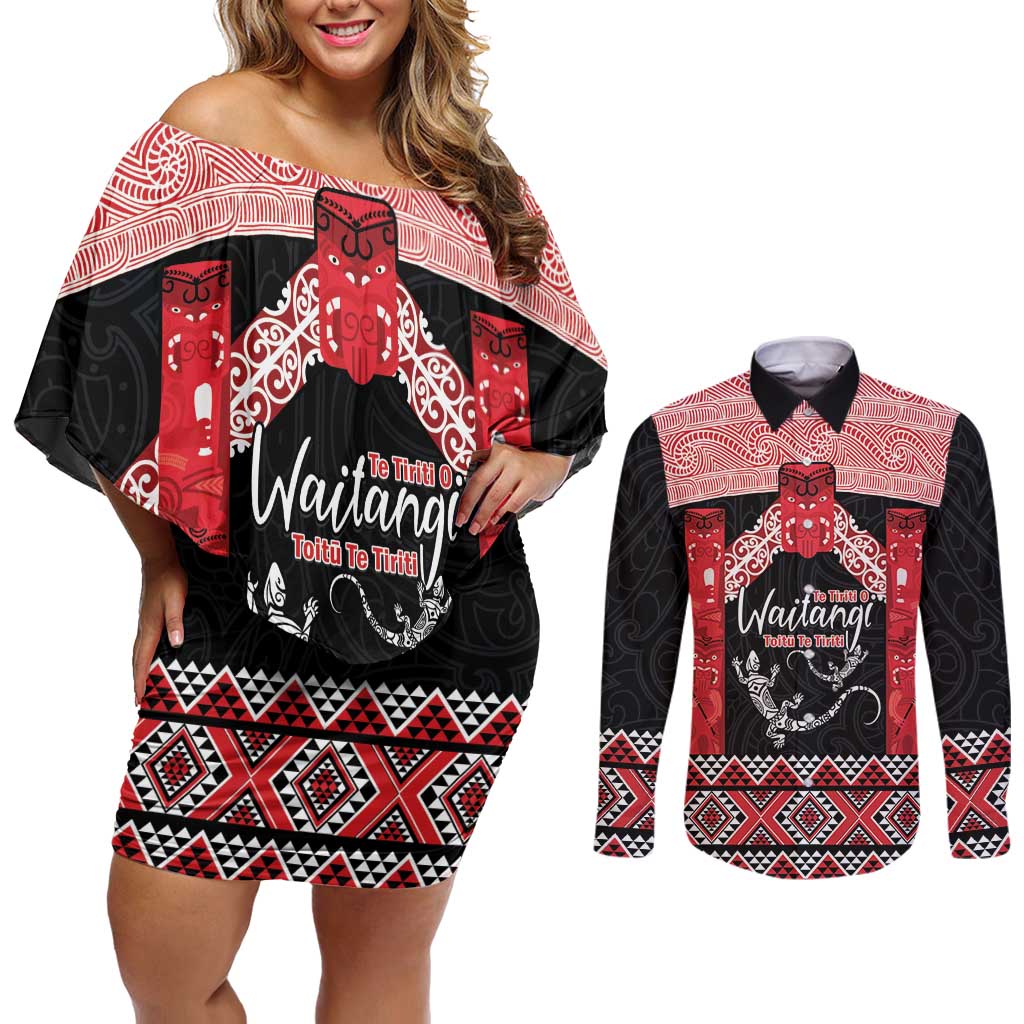 Toitu Te Tiriti O Waitangi Couples Matching Off Shoulder Short Dress and Long Sleeve Button Shirt Maori Wharenui With Taniko Motifs