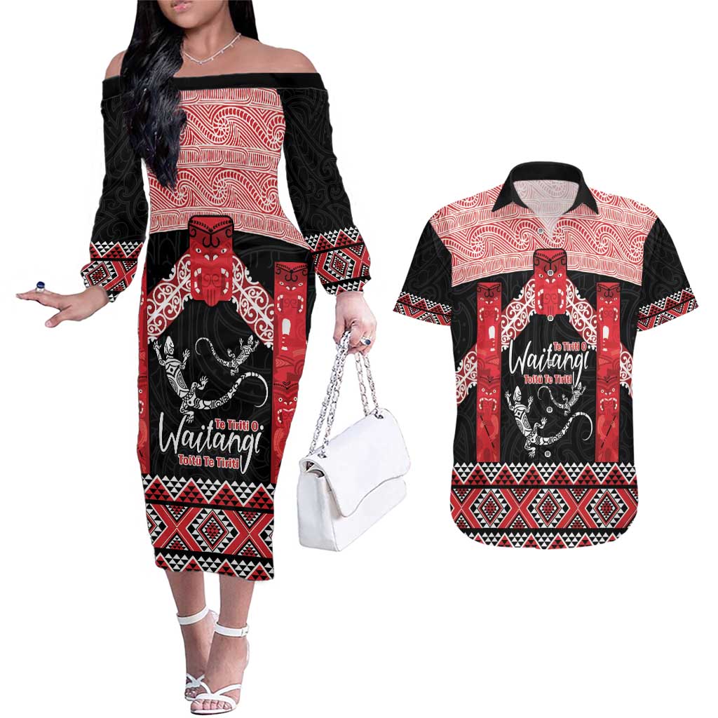Toitu Te Tiriti O Waitangi Couples Matching Off The Shoulder Long Sleeve Dress and Hawaiian Shirt Maori Wharenui With Taniko Motifs LT14 Red - Polynesian Pride