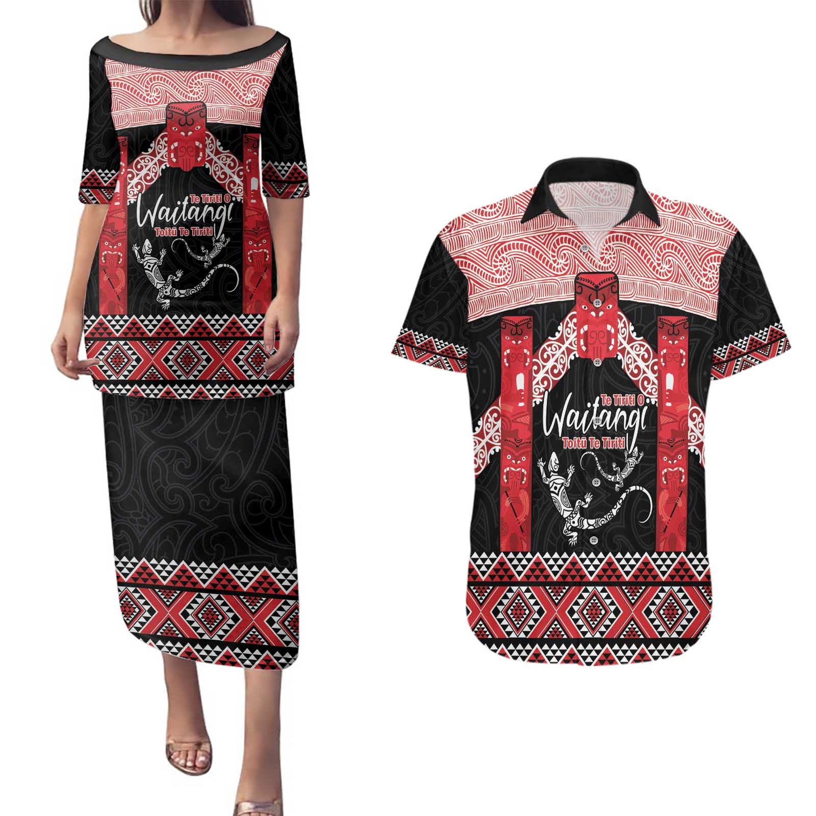 Toitu Te Tiriti O Waitangi Couples Matching Puletasi and Hawaiian Shirt Maori Wharenui With Taniko Motifs LT14 Red - Polynesian Pride