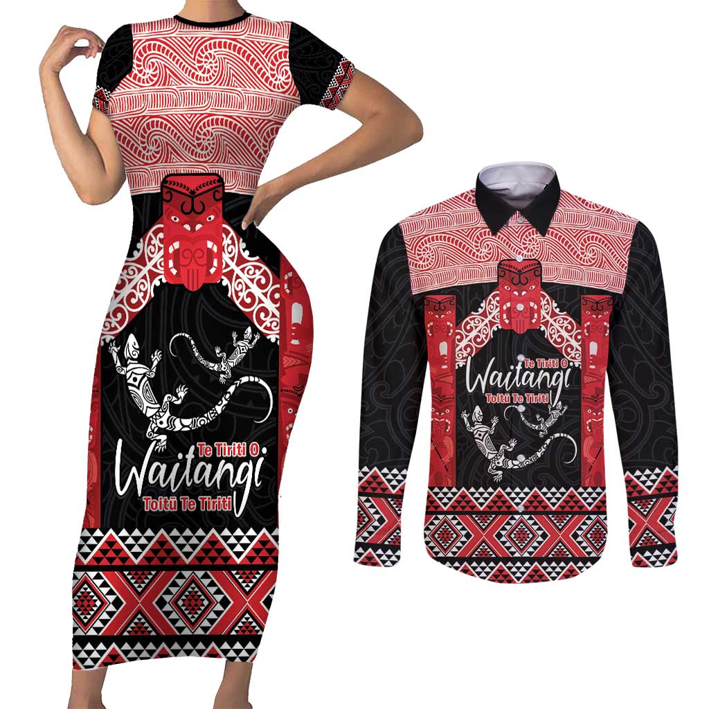 Toitu Te Tiriti O Waitangi Couples Matching Short Sleeve Bodycon Dress and Long Sleeve Button Shirt Maori Wharenui With Taniko Motifs