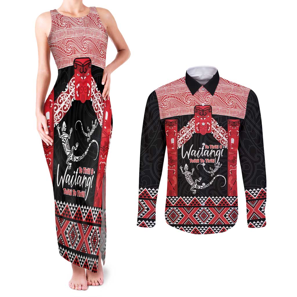 Toitu Te Tiriti O Waitangi Couples Matching Tank Maxi Dress and Long Sleeve Button Shirt Maori Wharenui With Taniko Motifs LT14 Red - Polynesian Pride