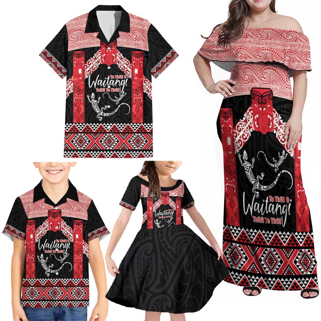 Toitu Te Tiriti O Waitangi Family Matching Off Shoulder Maxi Dress and Hawaiian Shirt Maori Wharenui With Taniko Motifs