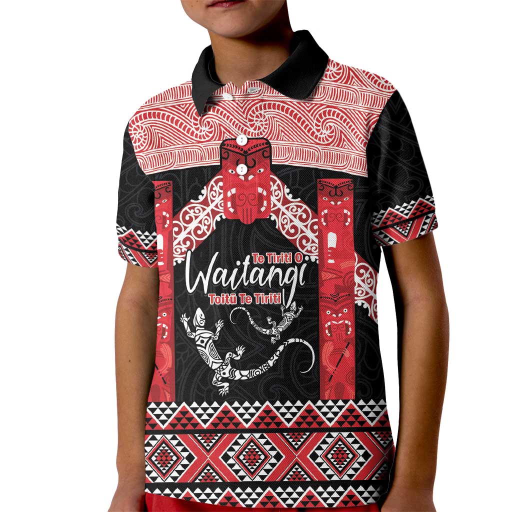 Toitu Te Tiriti O Waitangi Kid Polo Shirt Maori Wharenui With Taniko Motifs