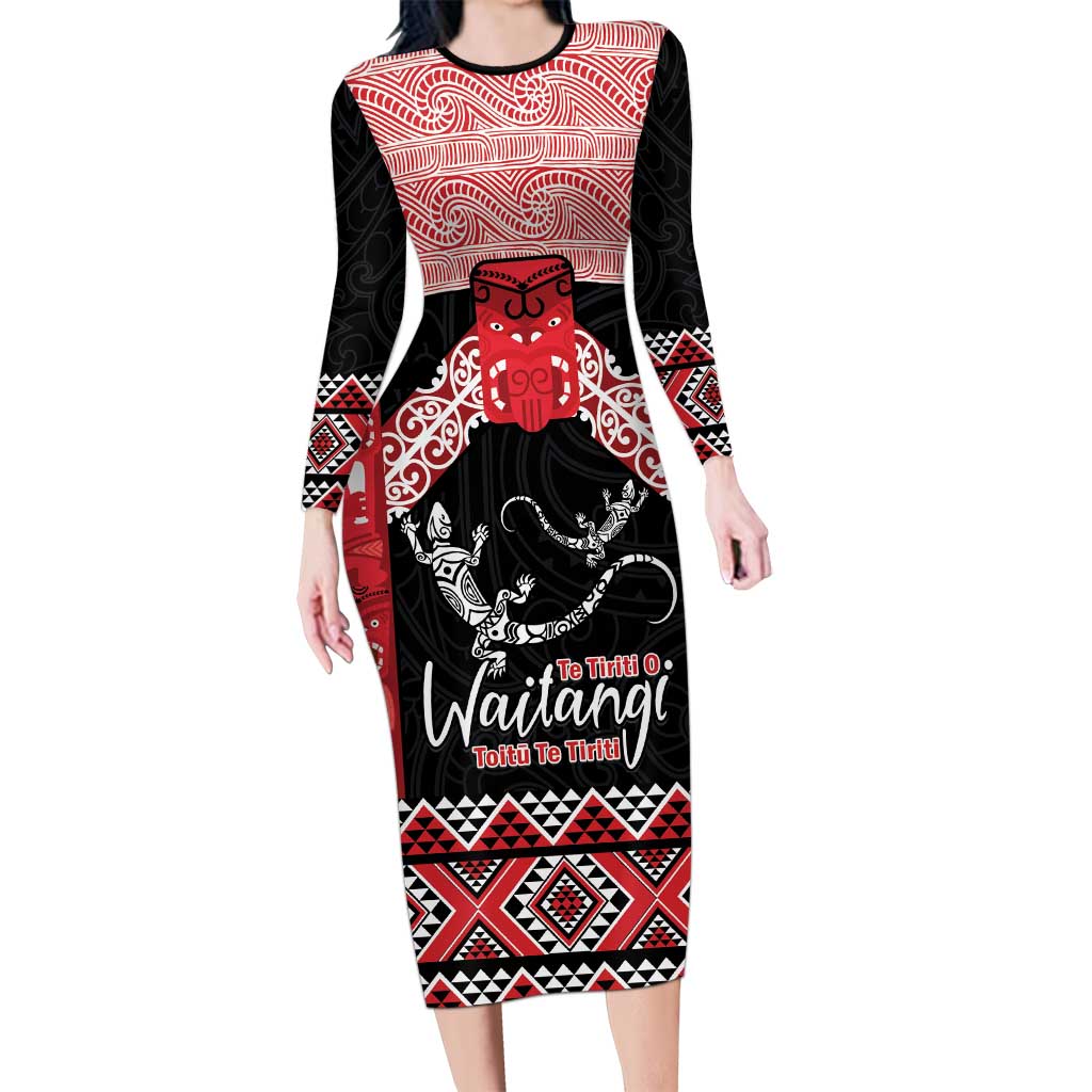 Toitu Te Tiriti O Waitangi Long Sleeve Bodycon Dress Maori Wharenui With Taniko Motifs