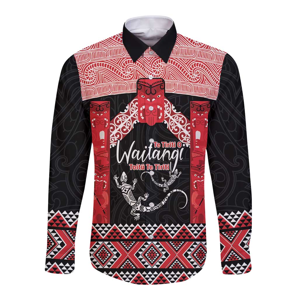 Toitu Te Tiriti O Waitangi Long Sleeve Button Shirt Maori Wharenui With Taniko Motifs