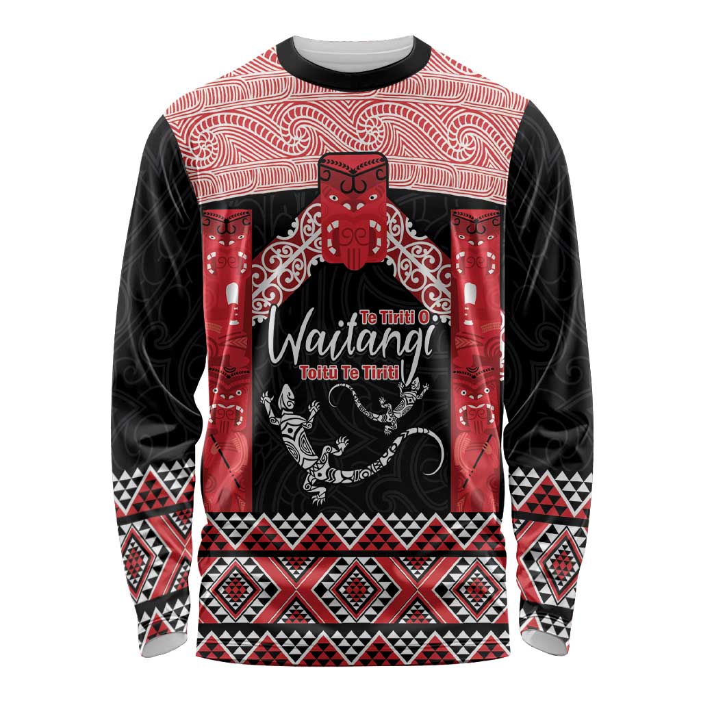 Toitu Te Tiriti O Waitangi Long Sleeve Shirt Maori Wharenui With Taniko Motifs