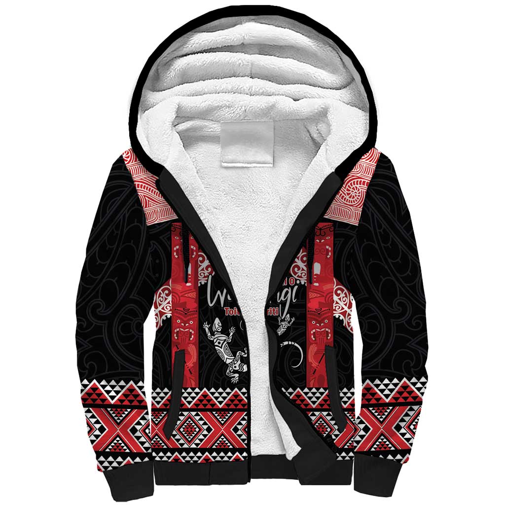Toitu Te Tiriti O Waitangi Sherpa Hoodie Maori Wharenui With Taniko Motifs LT14 Unisex Red - Polynesian Pride