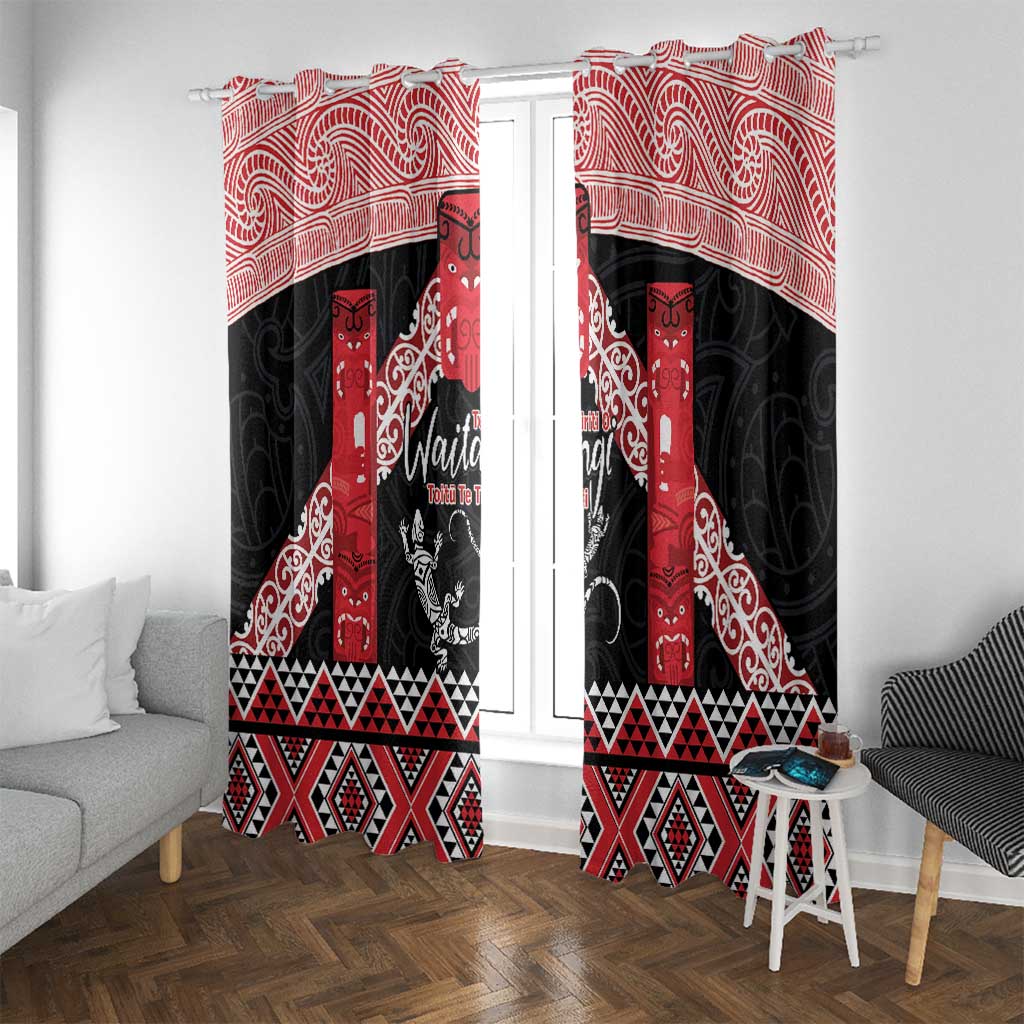 Toitu Te Tiriti O Waitangi Window Curtain Maori Wharenui With Taniko Motifs LT14 With Grommets Red - Polynesian Pride