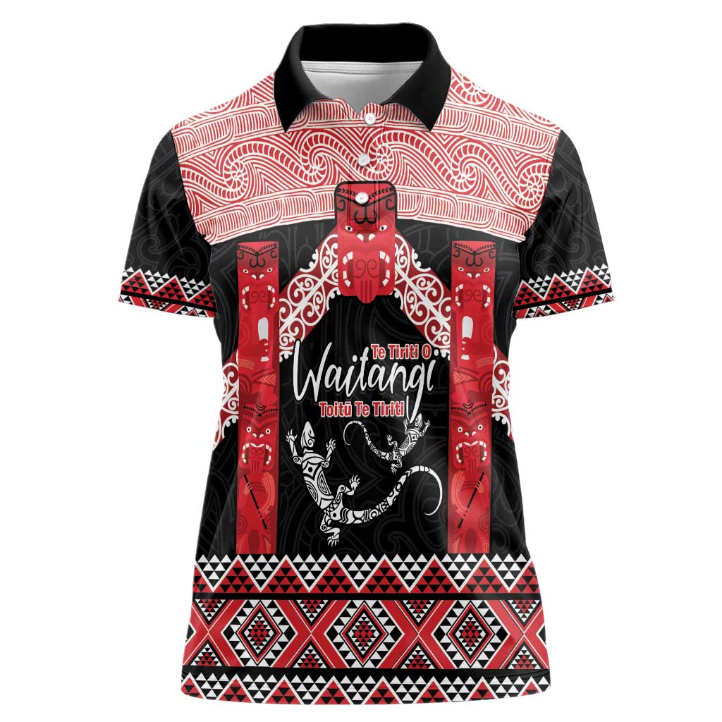 Toitu Te Tiriti O Waitangi Women Polo Shirt Maori Wharenui With Taniko Motifs