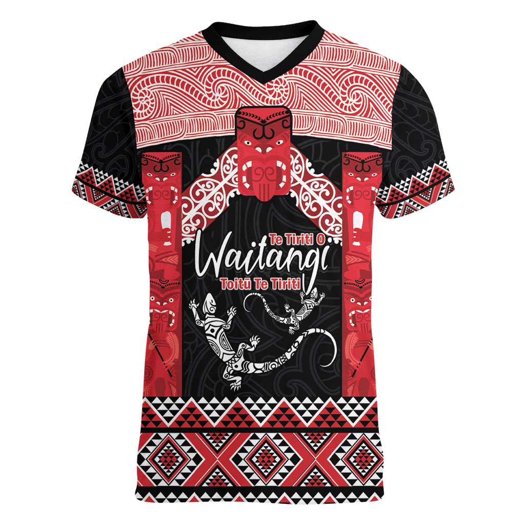 Toitu Te Tiriti O Waitangi Women V-Neck T-Shirt Maori Wharenui With Taniko Motifs